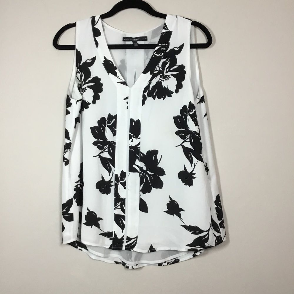 Sleeveless floaty lined white blouse black flower print casual spring summer M